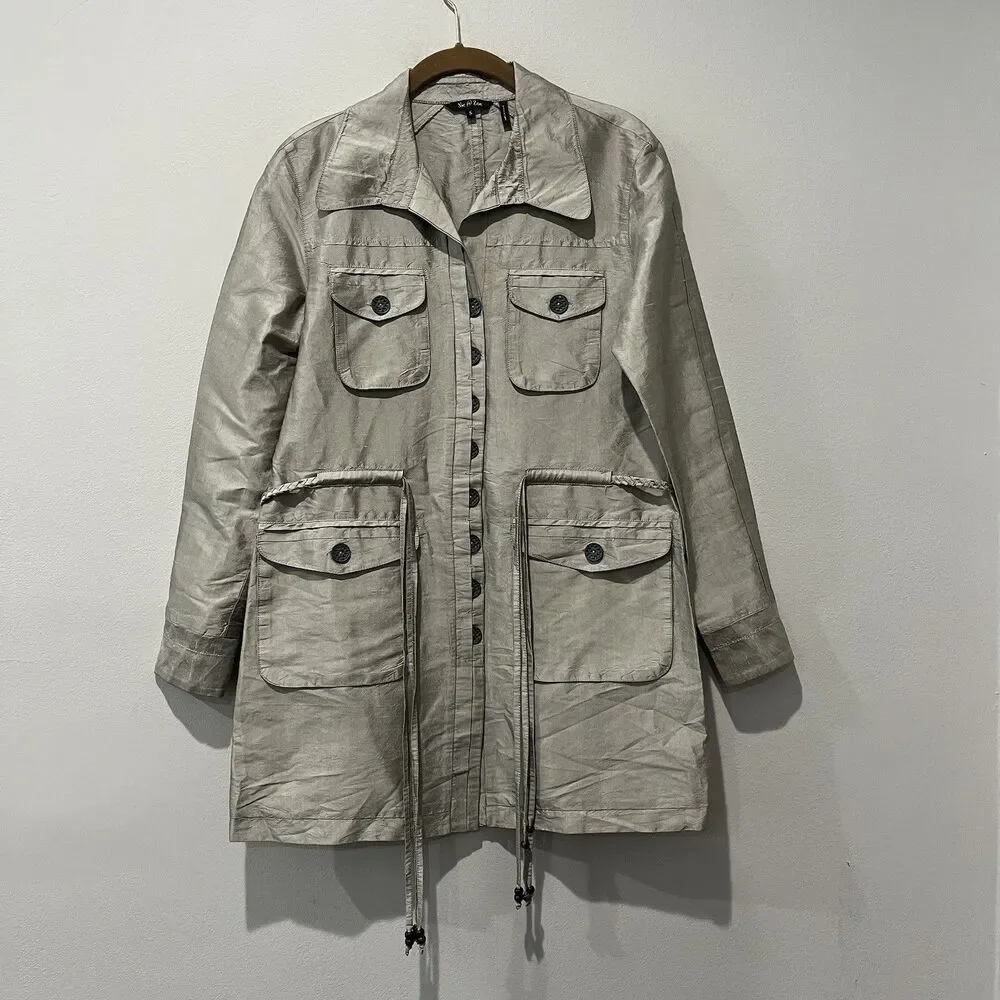 Nic & Zoe Silk Jacket Women’s Small Beige Taupe Trench Button Up Pockets Tassels